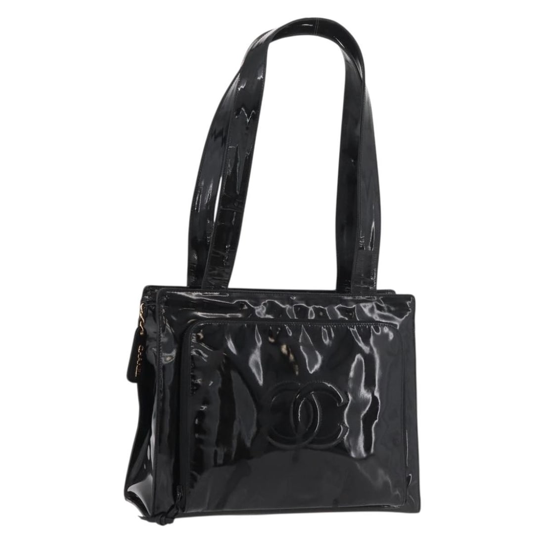 CHANEL Coco Mark Patent Leather Tote Black Gold Tone With Cards: CHANEL Coco Mark Patent Leather Tote Black Gold Tone With Cards Chanel Coco Mark tote bag in black patent leather with gold-tone details. Made in Italy, it comes with a guarantee card and instruction 