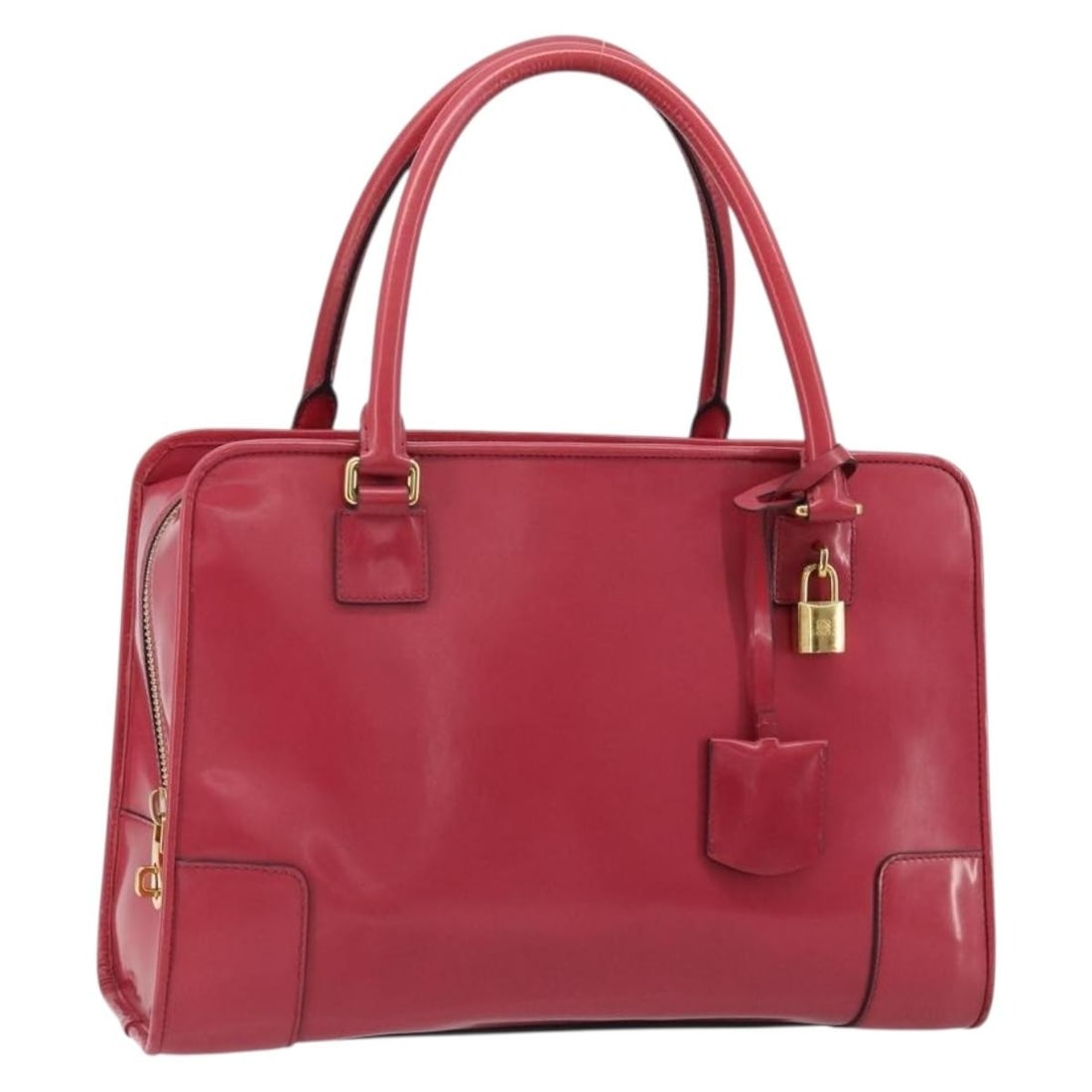 LOEWE Amazona 36 Patent Leather Handbag Gold Pink with Padlock: LOEWE Amazona 36 Patent Leather Handbag Gold Pink with Padlock This LOEWE Amazona 36 hand bag is crafted in patent leather with a gold and pink color combination. It comes with a padlock, two keys, an