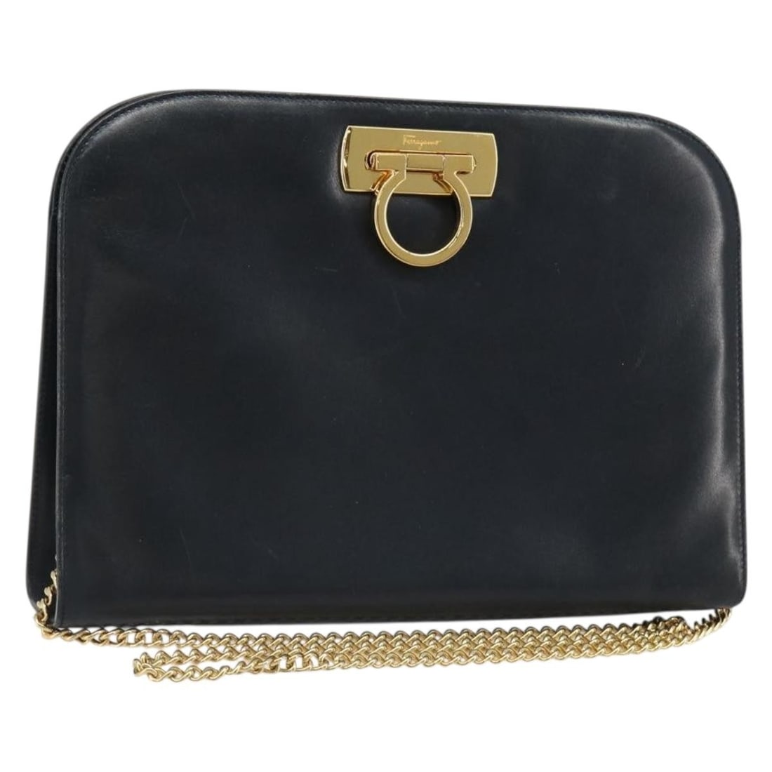 Leather Shoulder Bag Salvatore Ferragamo Gancini Navy Gold Tone: Leather Shoulder Bag Salvatore Ferragamo Gancini Navy Gold Tone A Salvatore Ferragamo Gancini chain shoulder bag in navy and gold leather, made in Italy. It features a shoulder bag style with an appro