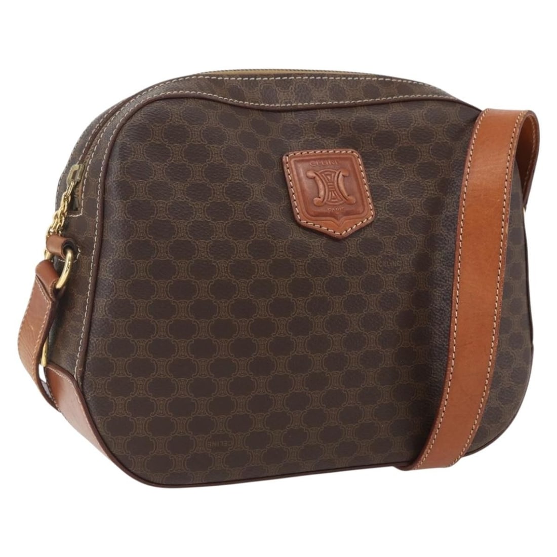 Celine Macadam Shoulder Bag Brown PVC Leather Gold Accent Italy: Celine Macadam Shoulder Bag Brown PVC Leather Gold Accent Italy This CELINE Macadam shoulder bag features a durable PVC leather and canvas exterior in brown and gold tones. The bag includes an adjusta