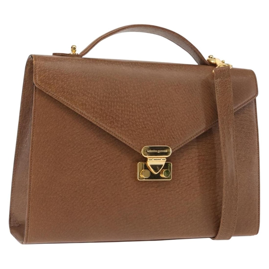 Valentino Leather 2-Way Hand Bag Brown Gold Auth: Valentino Leather 2-Way Hand Bag Brown Gold Auth This elegant VALENTINO handbag is crafted from high-quality leather in a sophisticated brown and gold color scheme. Designed for versatility, it can be