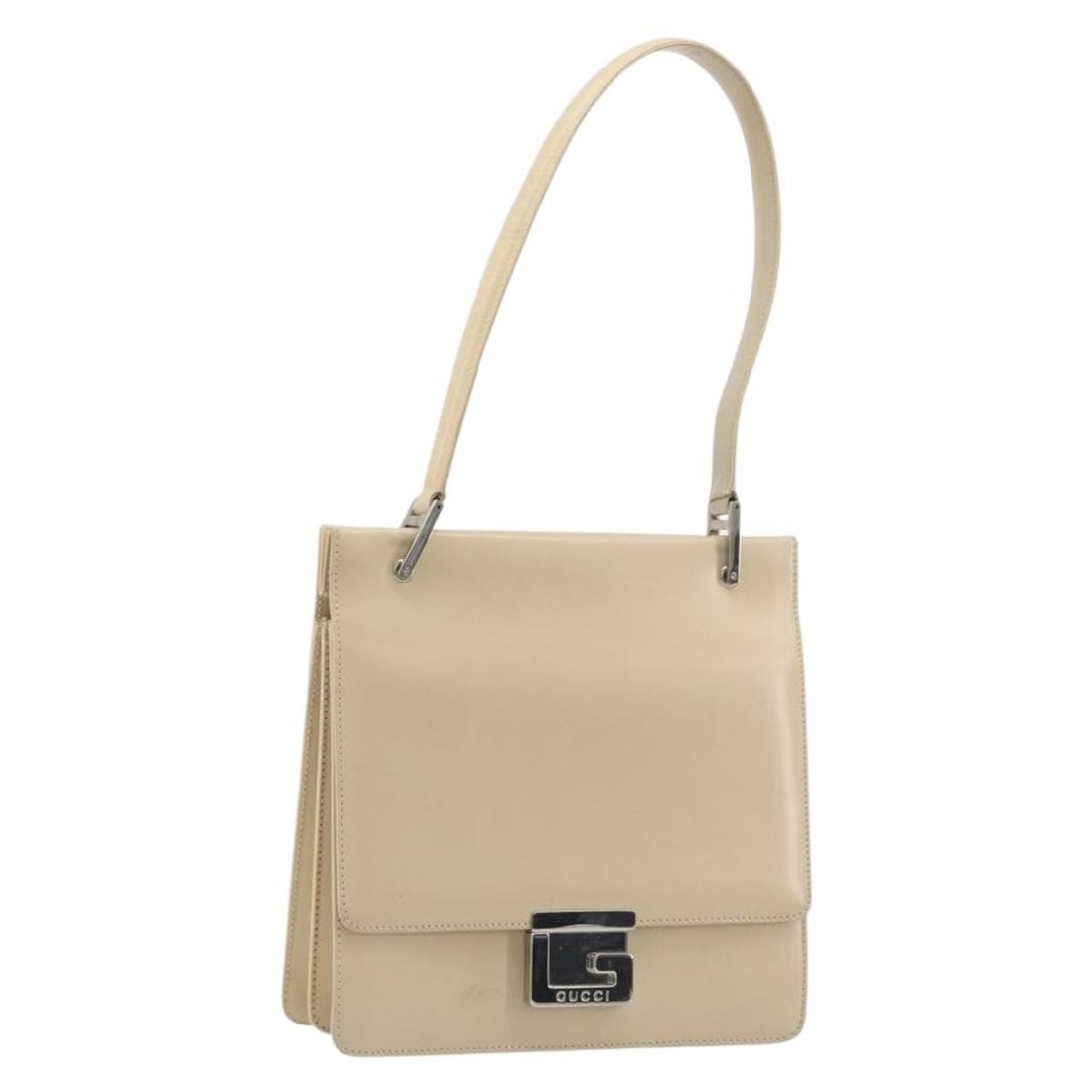 Gucci 007 406 0265 Beige Leather Handbag Silver Tone: Gucci 007 406 0265 Beige Leather Handbag Silver Tone Gucci leather hand bag in beige and silver, made in Italy. The bag measures approximately W21 x H21 x D3 cm, with a handle drop of approximately 21