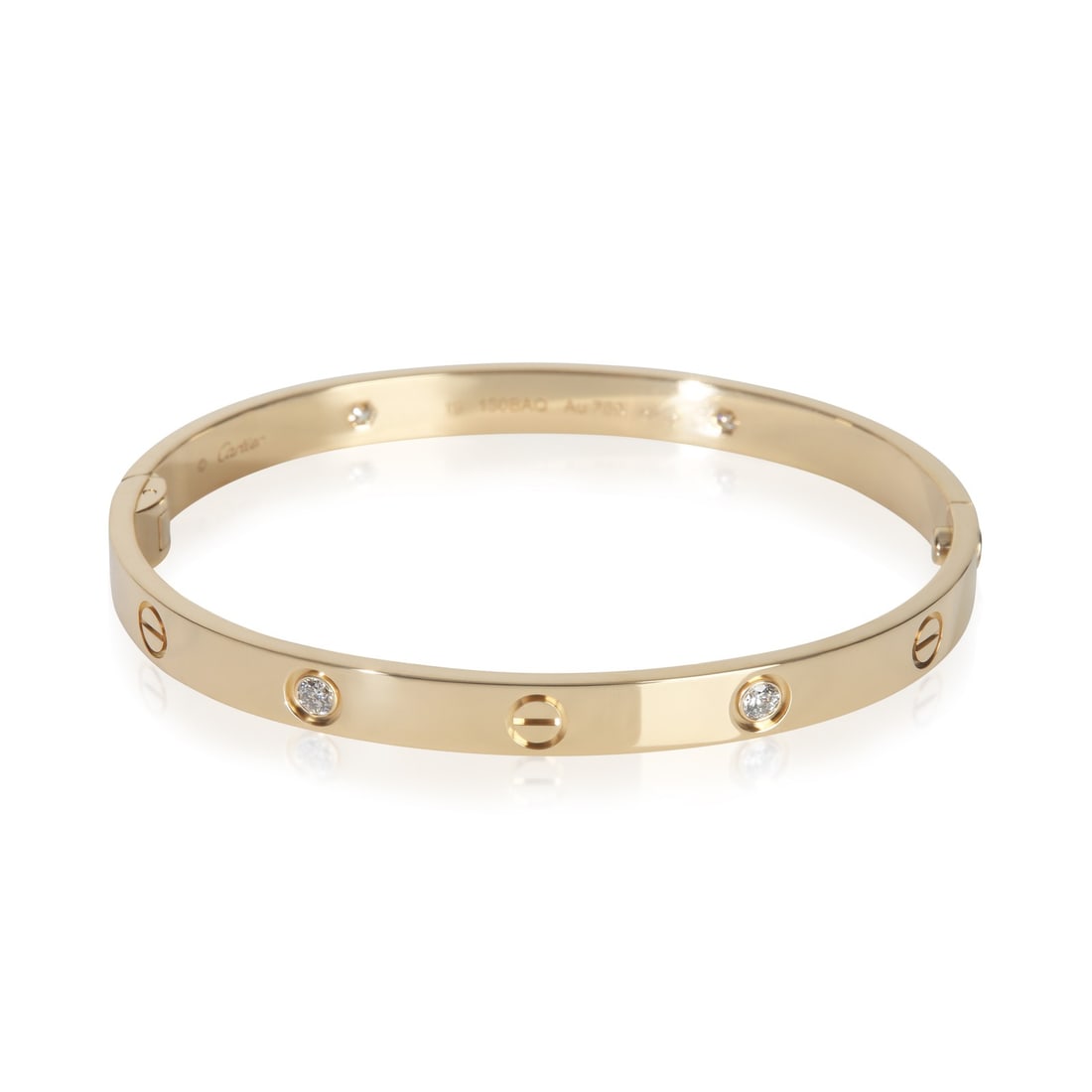 Cartier Love yellow gold diamond bracelet 19 cm with box papers: Cartier Love yellow gold diamond bracelet 19 cm with box papers This Cartier Love Single Screw Closure bracelet is crafted from 18k yellow gold and features round brilliant white diamonds with a total