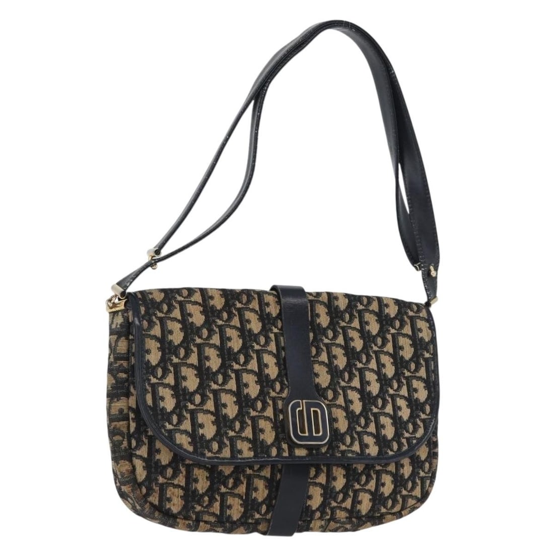 Christian Dior Navy Gold Trotter Canvas Shoulder Bag: Christian Dior Navy Gold Trotter Canvas Shoulder Bag Christian Dior shoulder bag in navy and gold Trotter canvas, made in France. This women's bag measures approximately 25 cm wide, 19 cm high, and 3 