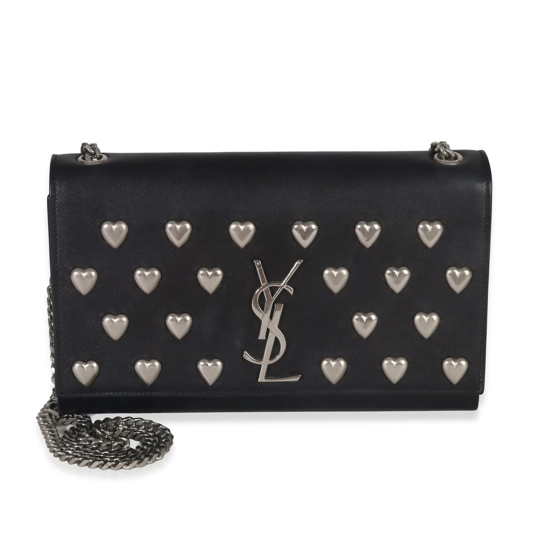 Saint Laurent Medium Kate Chain Bag Black Studded Heart: Saint Laurent Medium Kate Chain Bag Black Studded Heart This Saint Laurent Medium Kate Chain Bag features a black smooth calfskin leather exterior adorned with studded heart details. The bag is design