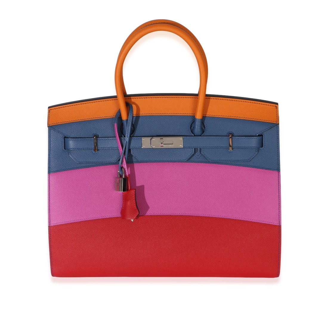 Hermes Sunset Sellier Birkin 35 Epsom Leather Multicolor Handbag: Hermes Sunset Sellier Birkin 35 Epsom Leather Multicolor Handbag Pre-owned Hermes Sunset Sellier Birkin 35 handbag in Epsom leather with a multicolor exterior and blue leather lining. This top handle 