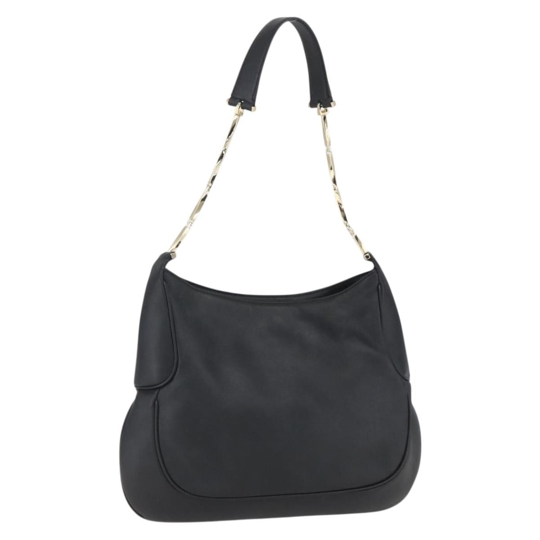 Black Leather Shoulder Bag by Salvatore Ferragamo with Gold Chain Detail: Black Leather Shoulder Bag by Salvatore Ferragamo with Gold Chain Detail This Salvatore Ferragamo chain shoulder bag features black leather with gold-tone accents. Made in Italy, the bag has a structu