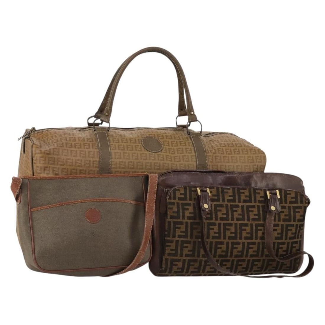 Set of 3 Fendi Zucca Brown Canvas Handbags: Set of 3 Fendi Zucca Brown Canvas Handbags Brown Fendi Zucca canvas hand bag set. The item is described as a special bundle offer and is in heavily used condition, with noted wear including loss of sh