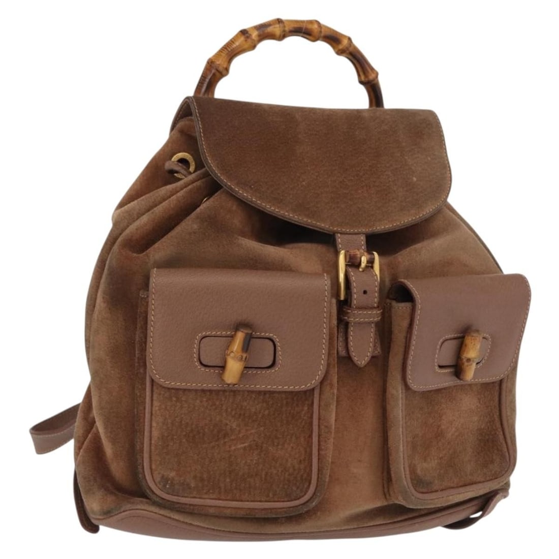 Gucci Bamboo Suede Backpack Brown Gold Tone 003 2058 0016: Gucci Bamboo Suede Backpack Brown Gold Tone 003 2058 0016 Brown and gold Gucci bamboo backpack in suede, made in Italy. The item is heavily used and shows visible wear, including loss of shape, rubbin