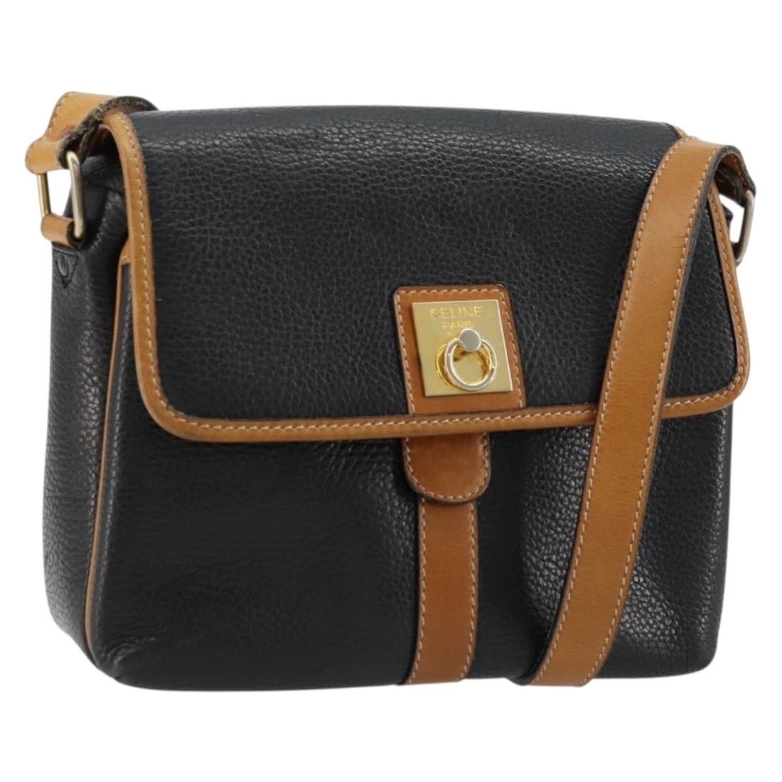 CELINE Black Leather Shoulder Bag Gold Tone Hardware Italy: CELINE Black Leather Shoulder Bag Gold Tone Hardware Italy CELINE shoulder bag in black and gold leather, made in Italy. This women's bag measures approximately 21 cm wide, 16 cm high, and 7 cm deep, 