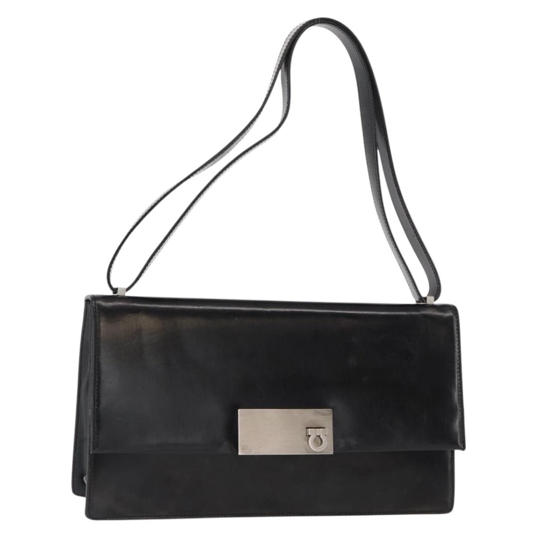 Salvatore Ferragamo Gancini black leather shoulder bag Italy: Salvatore Ferragamo Gancini black leather shoulder bag Italy This Salvatore Ferragamo Gancini shoulder bag is crafted from black leather with silver-tone accents. The bag features a structured silhoue