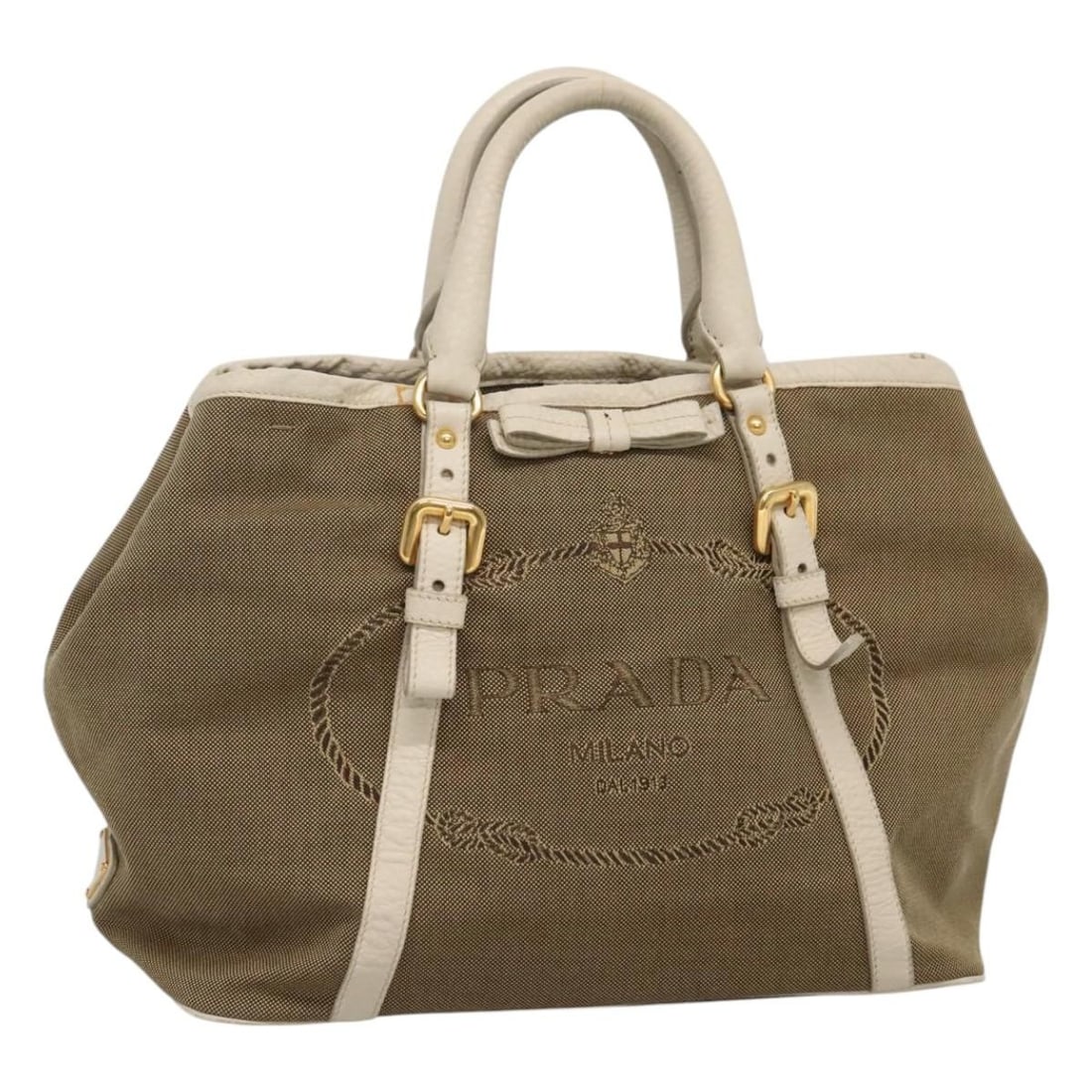 Prada Canvas Handbag Beige White Leather Trim Gold Tone: Prada Canvas Handbag Beige White Leather Trim Gold Tone A PRADA hand bag in beige, white, and gold, made of canvas with leather details. It is a heavily used item with visible wear throughout, includi
