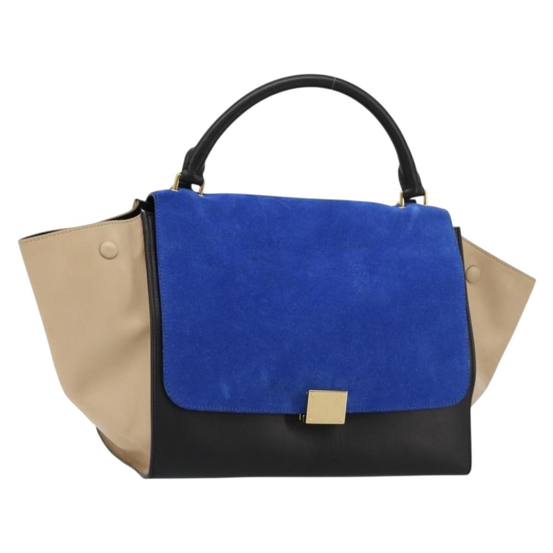 CELINE Blue Gold Suede Trapeze Handbag Italy: CELINE Blue Gold Suede Trapeze Handbag Italy This CELINE Trapeze handbag is crafted from blue and gold suede and is designed for versatile 2-way use. Made in Italy, it features a structured silhouette
