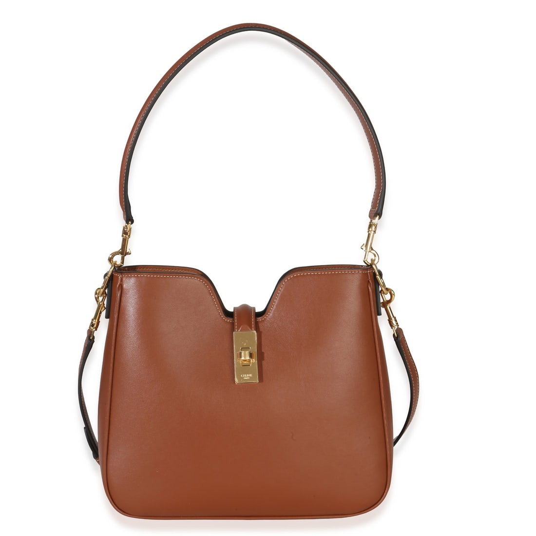 Celine Small Camille 16 Brown Leather Shoulder Bag: Celine Small Camille 16 Brown Leather Shoulder Bag This Celine Small Camille 16 Soft Shoulder Bag is crafted from tan smooth calfskin leather, featuring a sleek silhouette and gold-tone hardware. The 