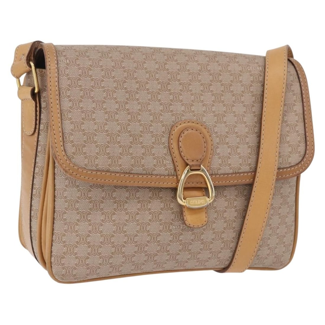 Celine Macadam Canvas Beige Shoulder Bag Gold Tone Italy M07: Celine Macadam Canvas Beige Shoulder Bag Gold Tone Italy M07 A CELINE Macadam canvas shoulder bag in beige and gold, made in Italy. The bag features a shoulder bag style and comes with the item shown 