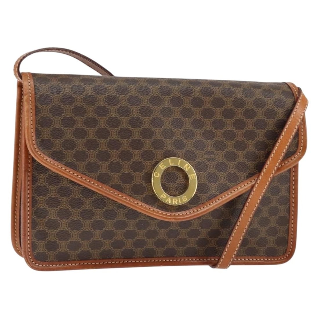 CELINE Macadam Circle Shoulder Bag Brown PVC Leather Canvas: CELINE Macadam Circle Shoulder Bag Brown PVC Leather Canvas A CELINE shoulder bag in brown and gold, crafted from PVC leather and Macadam canvas. It features a circle design, was made in Italy, and me