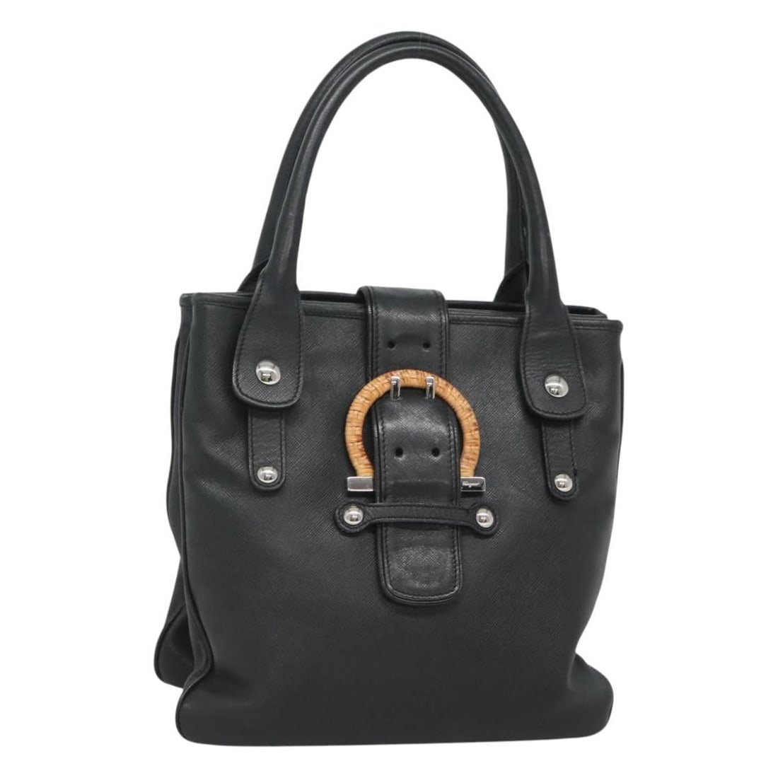Black Leather Gancini Handbag by Salvatore Ferragamo Silver Tone: Black Leather Gancini Handbag by Salvatore Ferragamo Silver Tone Salvatore Ferragamo Gancini handbag in black leather with silver-tone accents. Made in Italy, this women's handbag includes the photogr