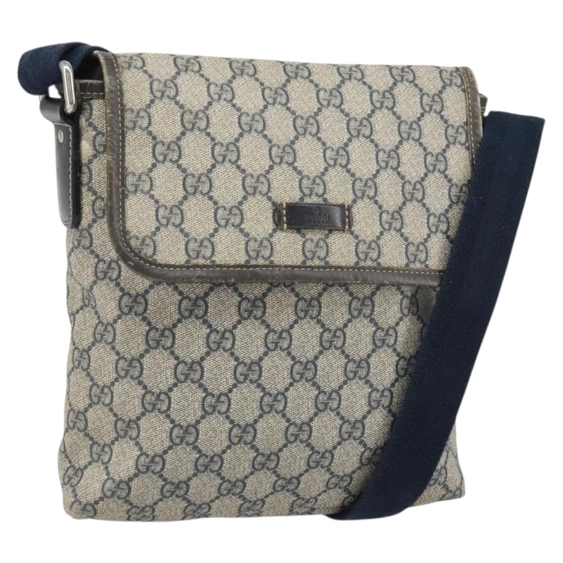 Navy Silver GG Supreme Shoulder Bag by Gucci PVC Leather 223666: Navy Silver GG Supreme Shoulder Bag by Gucci PVC Leather 223666 This GUCCI GG Supreme shoulder bag features a combination of PVC leather and GG canvas in navy and silver tones. Made in Italy, it is de