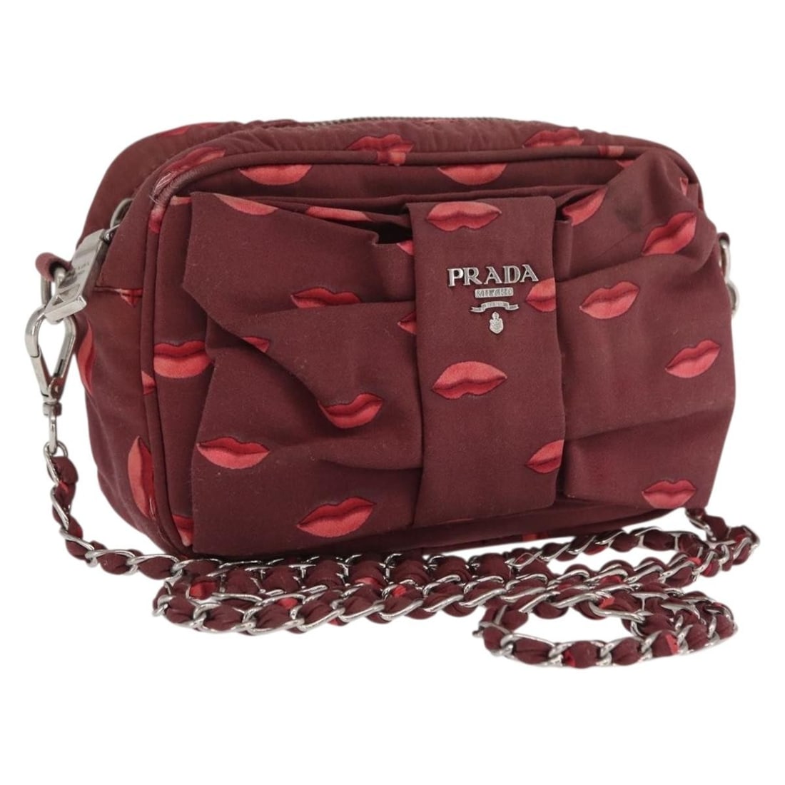 Prada Bordeaux Nylon Shoulder Bag Silver Chain Italy: Prada Bordeaux Nylon Shoulder Bag Silver Chain Italy This PRADA chain shoulder bag is crafted from bordeaux nylon with silver-tone accents. Designed for women, it features a compact silhouette with a 