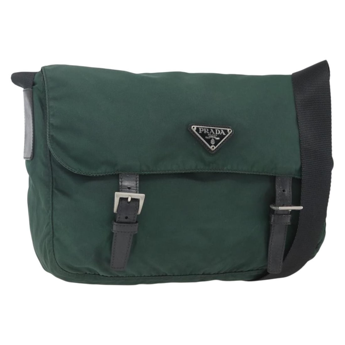 Prada green nylon shoulder bag with silver tone accents: Prada green nylon shoulder bag with silver tone accents This PRADA shoulder bag features a green and silver nylon exterior, designed for women. The bag includes an adjustable shoulder strap and comes 