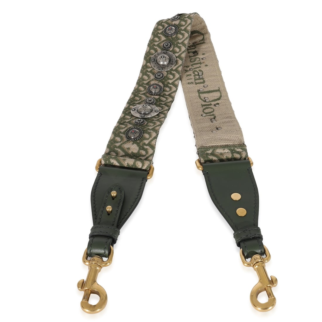 Bohemian Shoulder Strap in Green Canvas with Studs by Christian Dior: Bohemian Shoulder Strap in Green Canvas with Studs by Christian Dior This Christian Dior Bohemian shoulder strap features a green and beige canvas with studded detailing. Designed for unisex use, it i