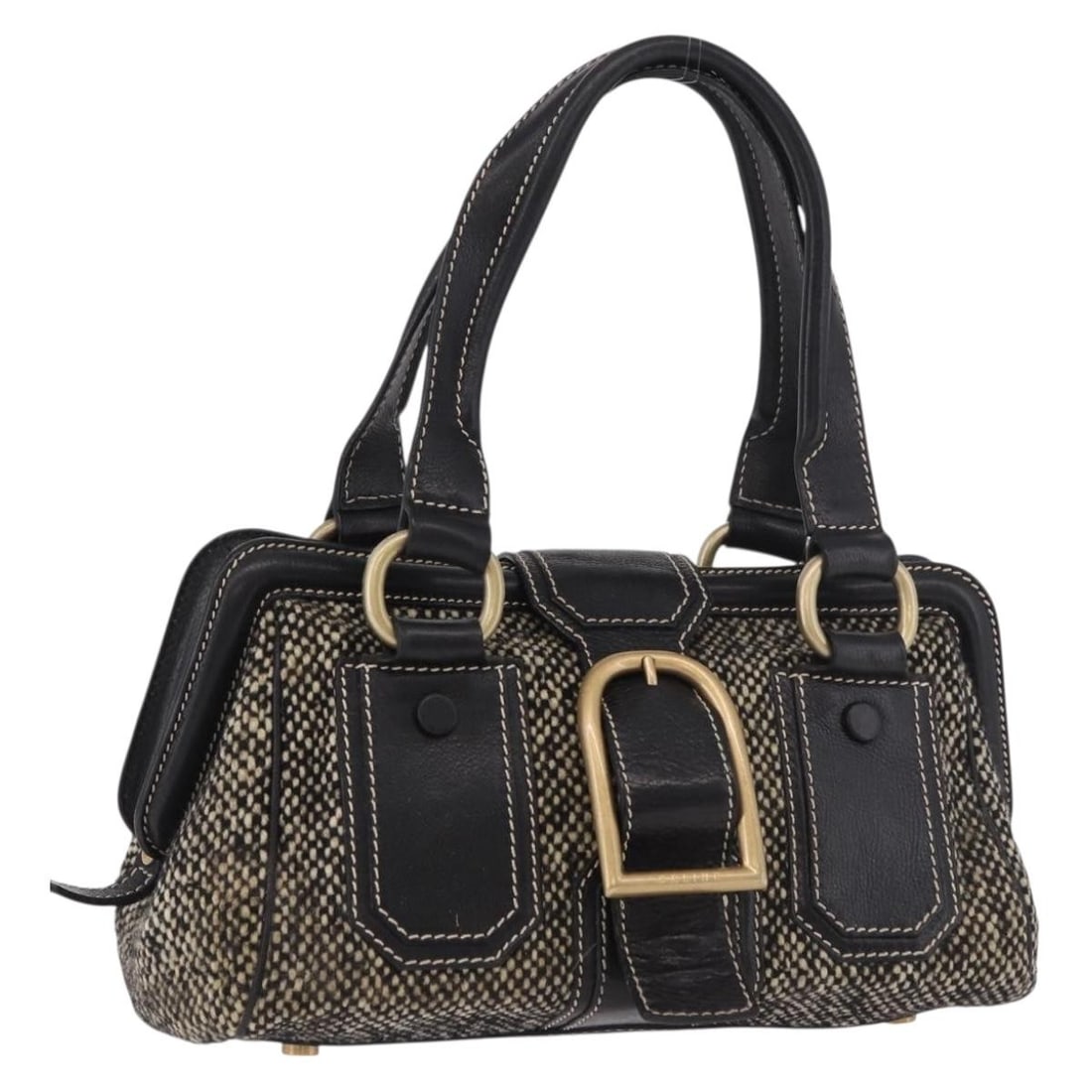 Celine Black Canvas Hand Bag with Leather Trim Spain: Celine Black Canvas Hand Bag with Leather Trim Spain A CELINE women's hand bag in black and gold canvas, made in Spain. The bag features a handle drop of approximately 5.9 inches (15 cm) and measures 