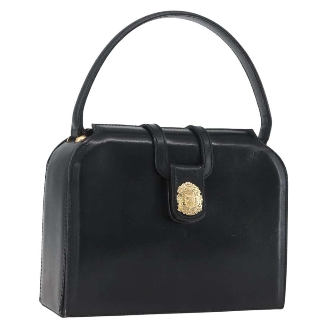 Celine Black Leather Handbag with Gold Accent Italy 168032: Celine Black Leather Handbag with Gold Accent Italy 168032 This Celine handbag is crafted from black leather with gold-tone accents. Made in Italy, it features a structured silhouette with a top handl