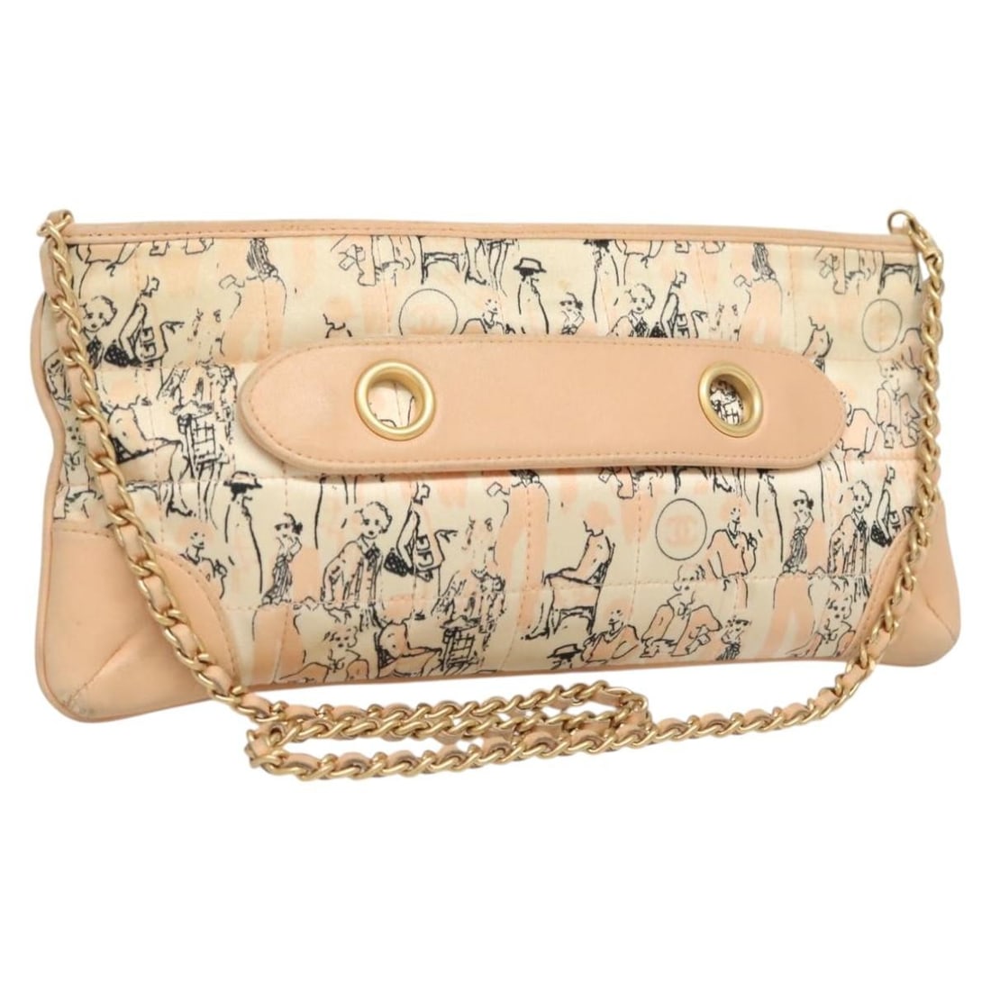 CHANEL CC Silk Accessory Pouch Beige Gold France: CHANEL CC Silk Accessory Pouch Beige Gold France CHANEL accessory pouch in beige and gold silk, made in France. The item is offered in heavily used condition and shows wear consistent with the stated 