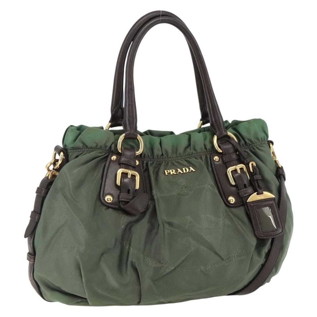 Prada nylon khaki gold handbag with shoulder strap and name tag: Prada nylon khaki gold handbag with shoulder strap and name tag This PRADA handbag is crafted from durable nylon in a khaki and gold color scheme. Designed for versatility, it features both top handle