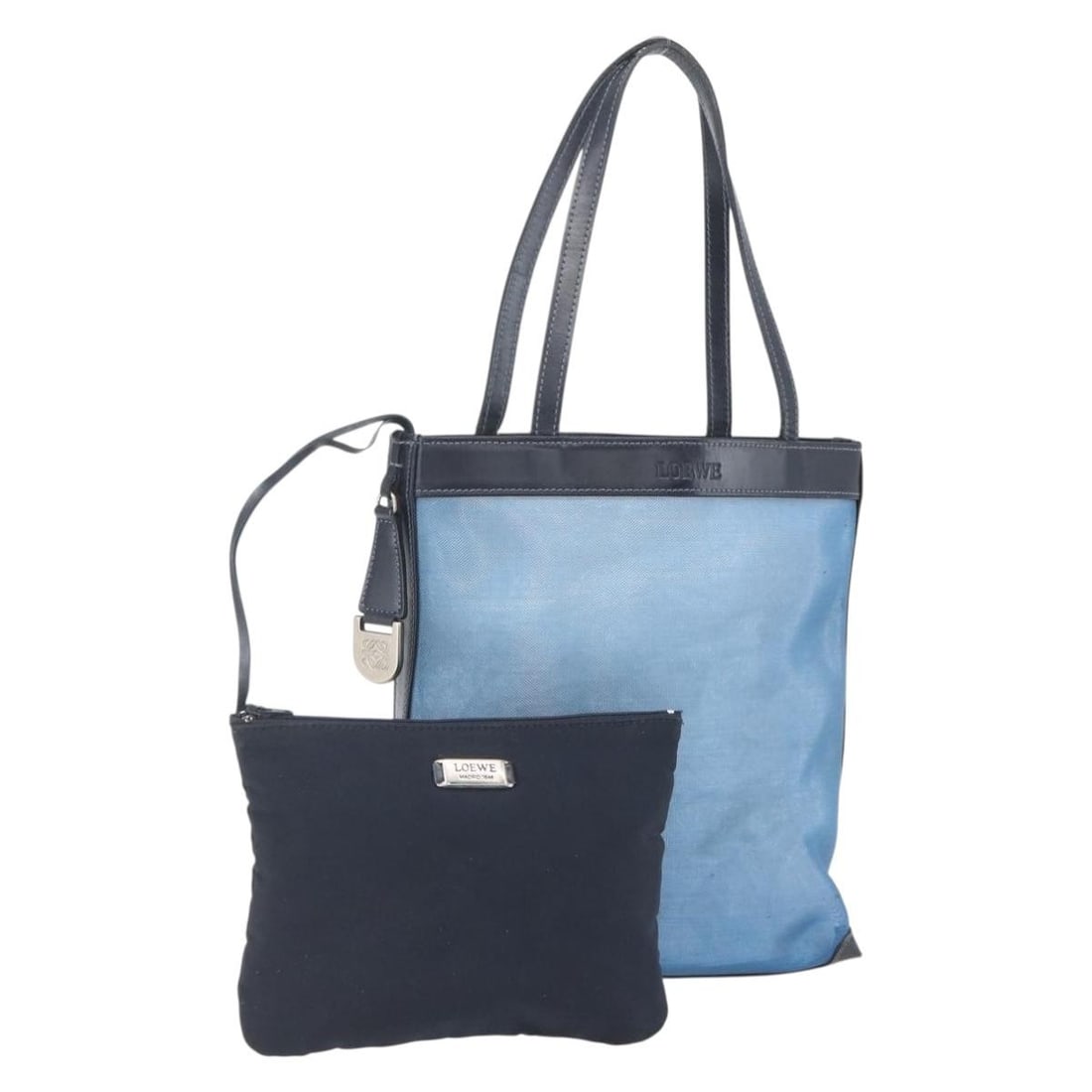 Blue Loewe Mesh and Leather Handbag Made in Italy: Blue Loewe Mesh and Leather Handbag Made in Italy This LOEWE hand bag is crafted from blue leather and nylon mesh, featuring a top handle design. Made in Italy, it has a structured silhouette with vis