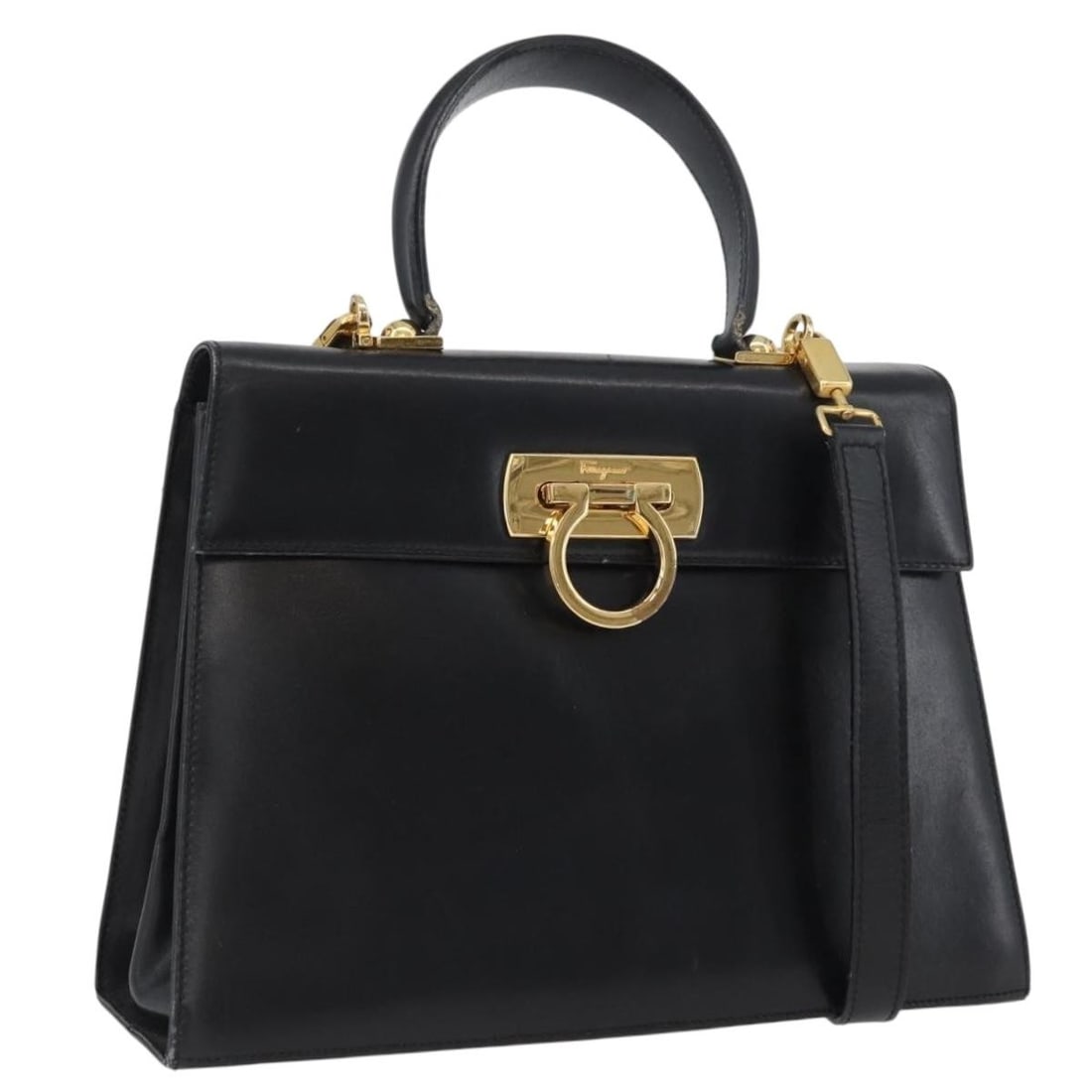 Salvatore Ferragamo Gancini 2way Leather Handbag Black with Shoulder Strap: Salvatore Ferragamo Gancini 2way Leather Handbag Black with Shoulder Strap Salvatore Ferragamo Gancini 2-way handbag in black leather with gold-tone accents. Made in Italy, this women's bag includes a
