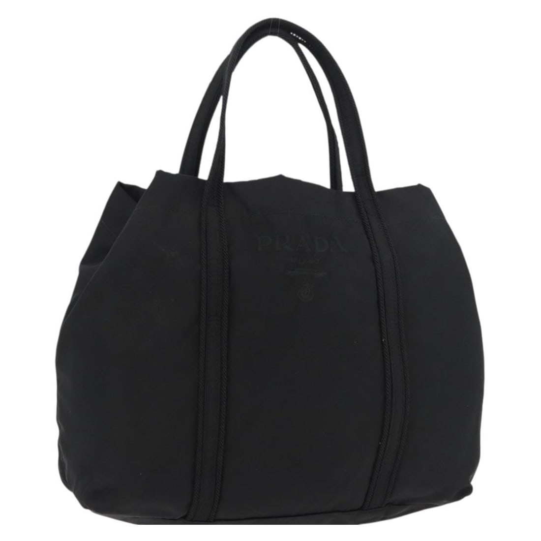 PRADA Black Nylon Hand Bag Silver Tone Italy: PRADA Black Nylon Hand Bag Silver Tone Italy Prada hand bag in black and silver nylon, made in Italy. This women's bag measures approximately 29 cm W x 26 cm H x 9 cm D, with a handle drop of about 13