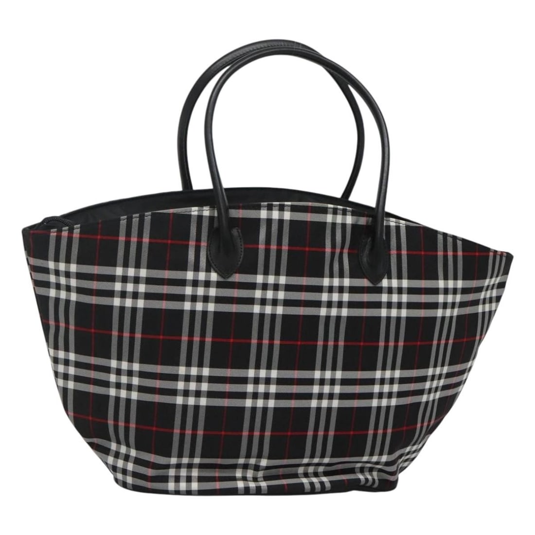 Burberrys Blue Label Nova Check Black Nylon Tote Handbag Silver Accents: Burberrys Blue Label Nova Check Black Nylon Tote Handbag Silver Accents This Burberrys Nova Check Blue Label tote bag is crafted from black and silver nylon, featuring a classic tote silhouette. Desig