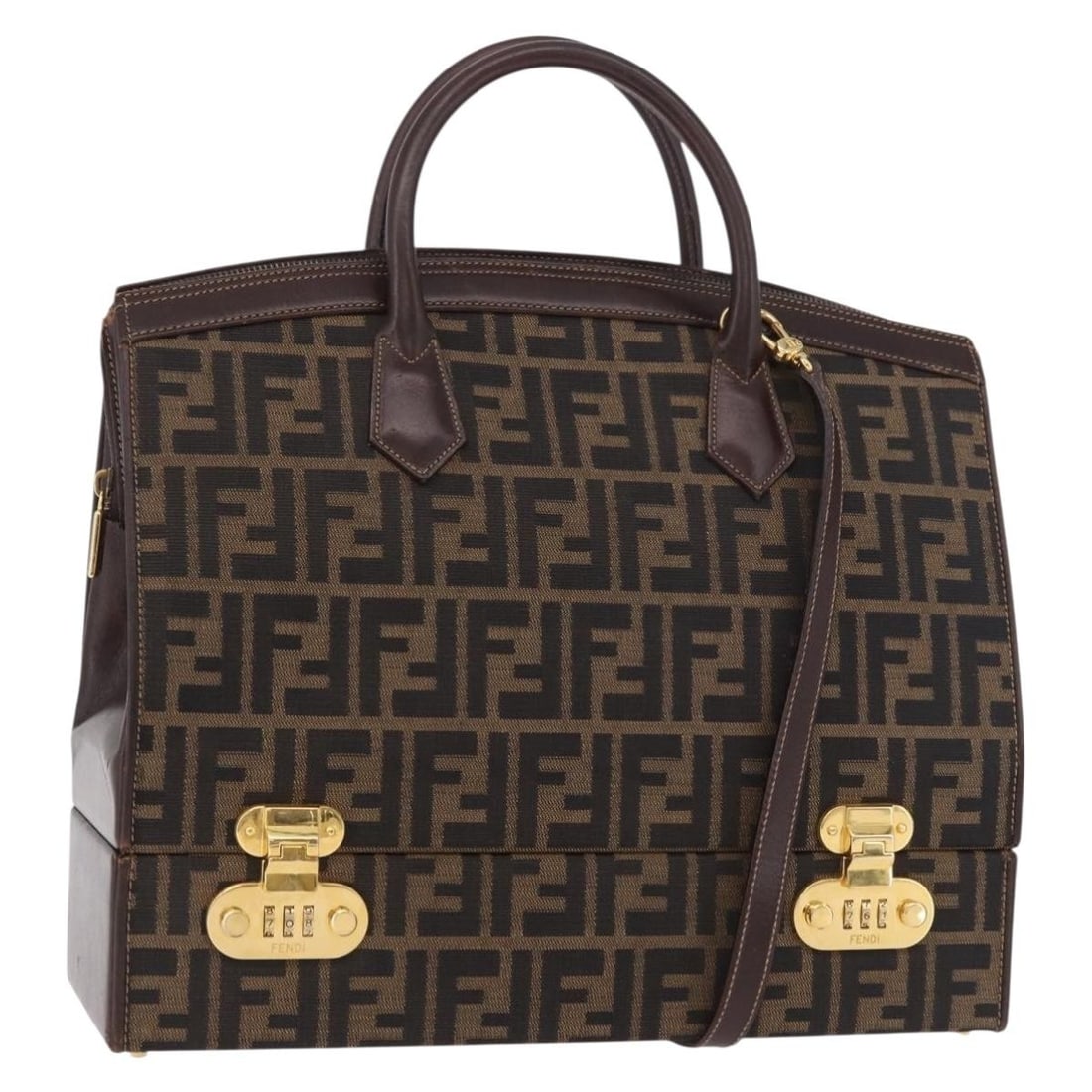 Fendi Zucca Canvas 2way Handbag Black Brown with Shoulder Strap: Fendi Zucca Canvas 2way Handbag Black Brown with Shoulder Strap Fendi 2way handbag in black and brown Zucca canvas, made in Italy. It comes with a shoulder strap and features a hand bag style. The ite