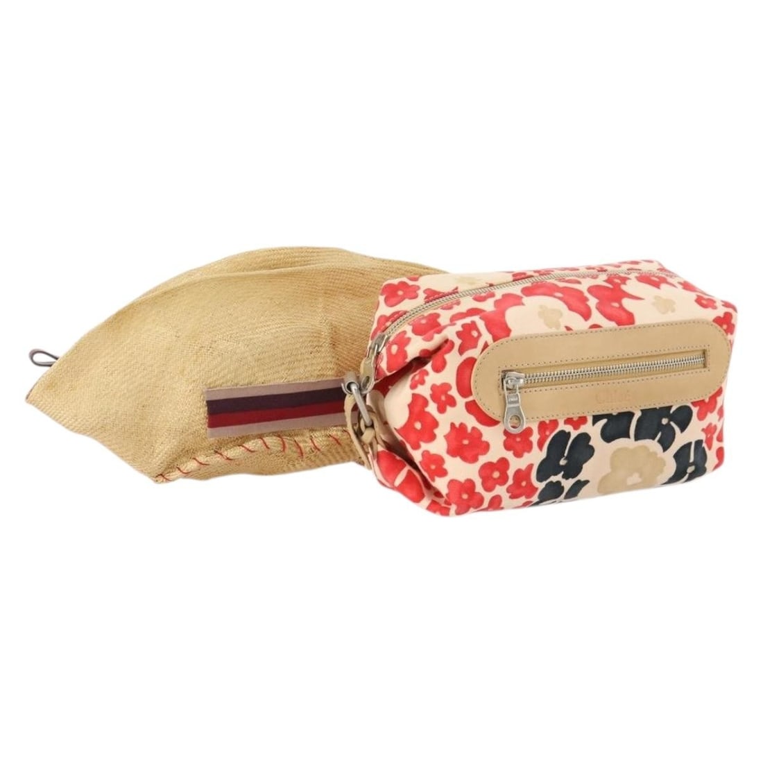 Set of 2 Miu Miu Canvas Clutch Bags Beige and Red: Set of 2 Miu Miu Canvas Clutch Bags Beige and Red This Miu Miu Chloe clutch bag set features two canvas clutches in beige and red tones, designed for women. Crafted in Italy, these clutches showcase a