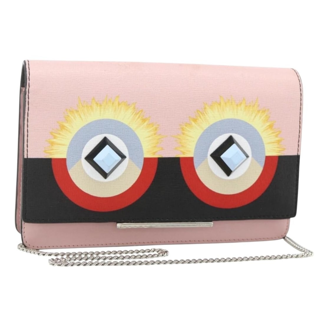 FENDI Monster Leather Chain Wallet Shoulder Bag Pink Silver: FENDI Monster Leather Chain Wallet Shoulder Bag Pink Silver Fendi chain wallet shoulder bag in leather with a pink and silver color combination. Made in Italy, it features a shoulder strap drop of app