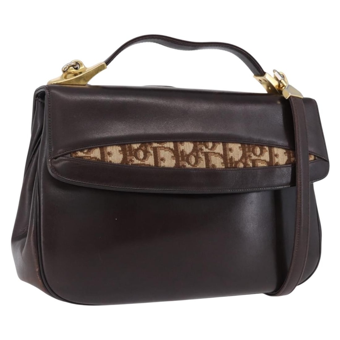 Christian Dior Brown Leather 2way Handbag with Shoulder Strap: Christian Dior Brown Leather 2way Handbag with Shoulder Strap Christian Dior 2way handbag in brown with gold-tone accents, made of leather. It comes with a shoulder strap and features a structured des