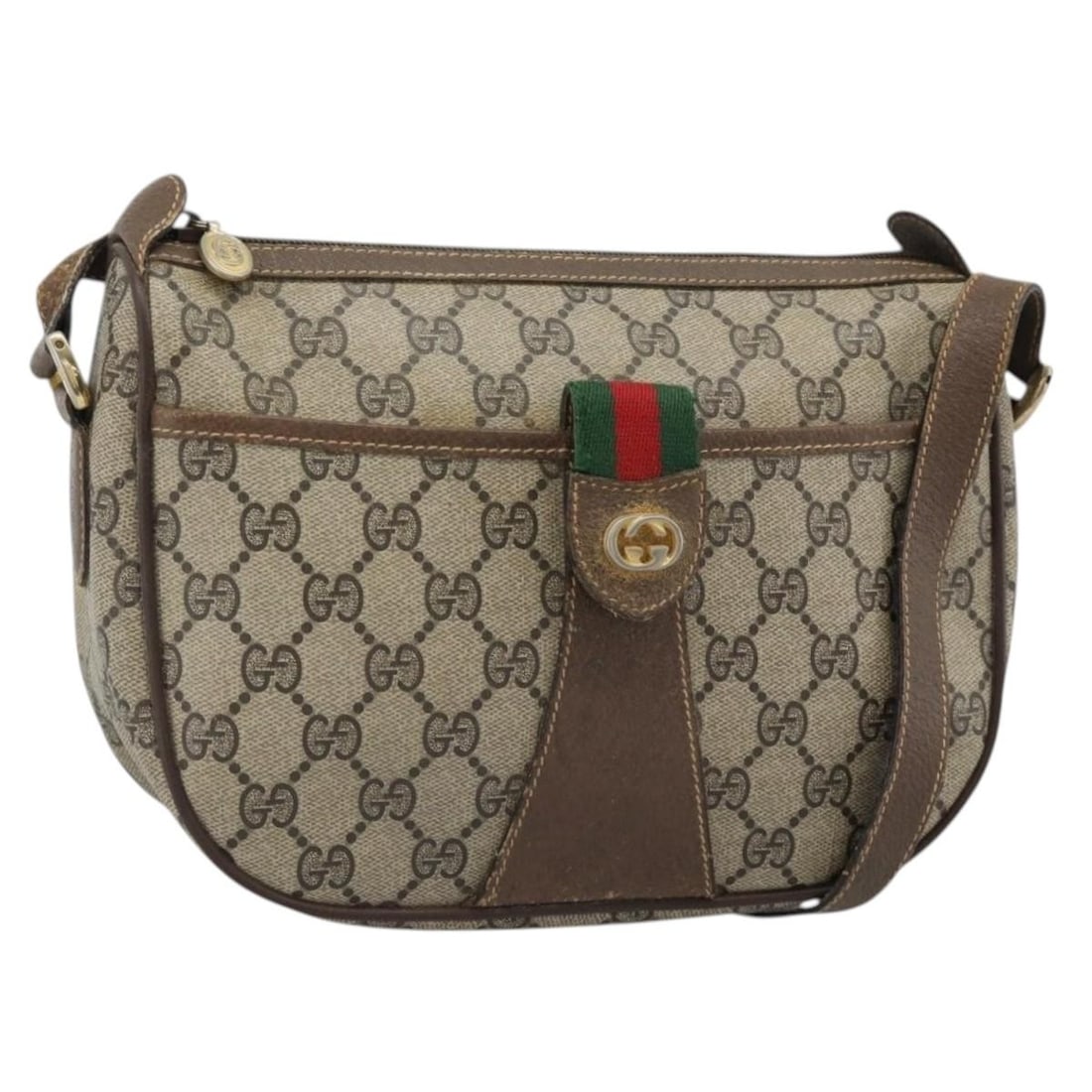 Gucci 89 02 032 GG Supreme Web Shoulder Bag Beige PVC Leather: Gucci 89 02 032 GG Supreme Web Shoulder Bag Beige PVC Leather Gucci GG Supreme Web Sherry Line shoulder bag in beige and gold, made in Italy from PVC leather and GG canvas. This pre-owned bag features