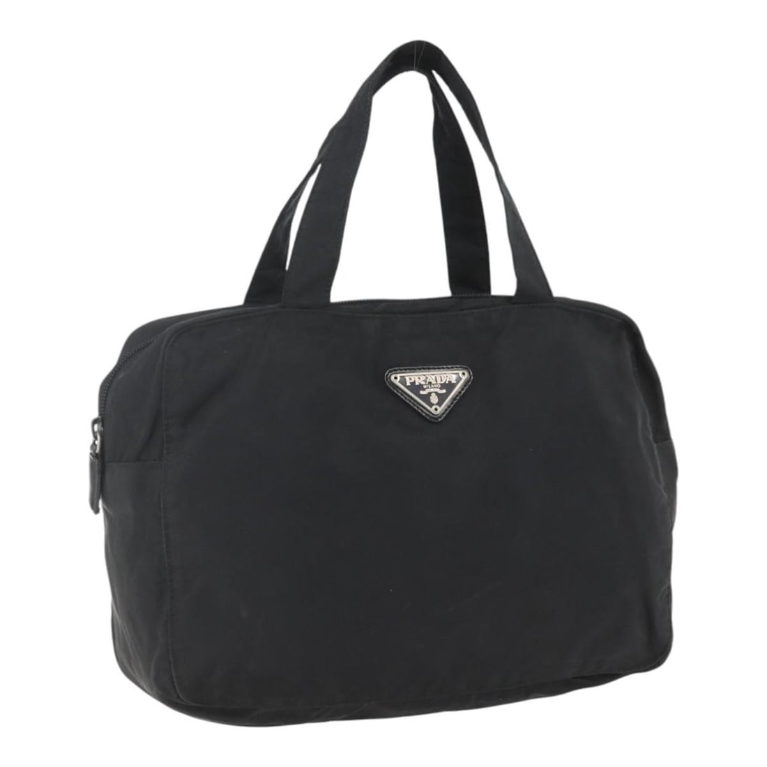 Black Nylon Prada Handbag with Silver Accents Made in Italy: Black Nylon Prada Handbag with Silver Accents Made in Italy This PRADA hand bag features a black nylon exterior with silver-tone accents. Made in Italy, the bag has a structured silhouette with a top 