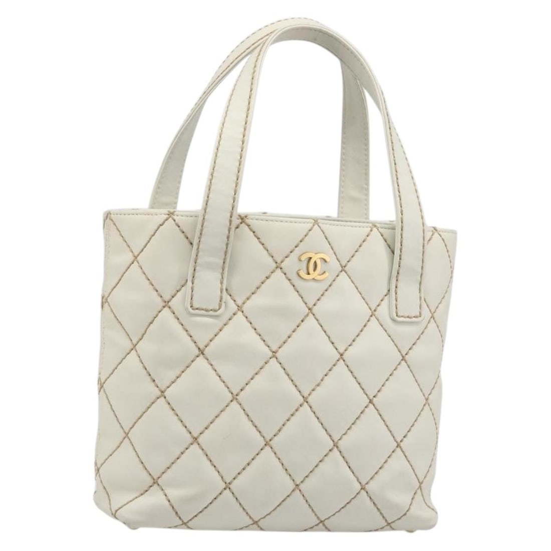 CHANEL Wild Stitch Leather Handbag White Gold CC with Dust Bag Card: CHANEL Wild Stitch Leather Handbag White Gold CC with Dust Bag Card This CHANEL Wild Stitch handbag is crafted in leather with a white and gold color combination. It features a structured silhouette w