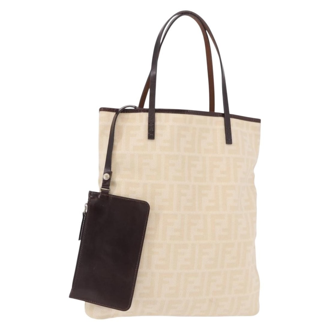 Fendi Zucca Canvas Beige Silver Tote Bag with Pouch: Fendi Zucca Canvas Beige Silver Tote Bag with Pouch Fendi Zucca canvas tote bag in beige and silver, made in Italy. It comes with a pouch and features a tote bag style. The item is heavily used and sh