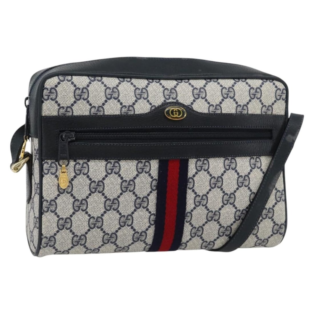 Gucci Sherry Line GG Supreme PVC Shoulder Bag Navy Gold 72.02.005: Gucci Sherry Line GG Supreme PVC Shoulder Bag Navy Gold 72.02.005 This GUCCI GG Supreme Sherry Line shoulder bag is crafted in PVC leather and GG canvas with a navy and gold color scheme. It comes wit