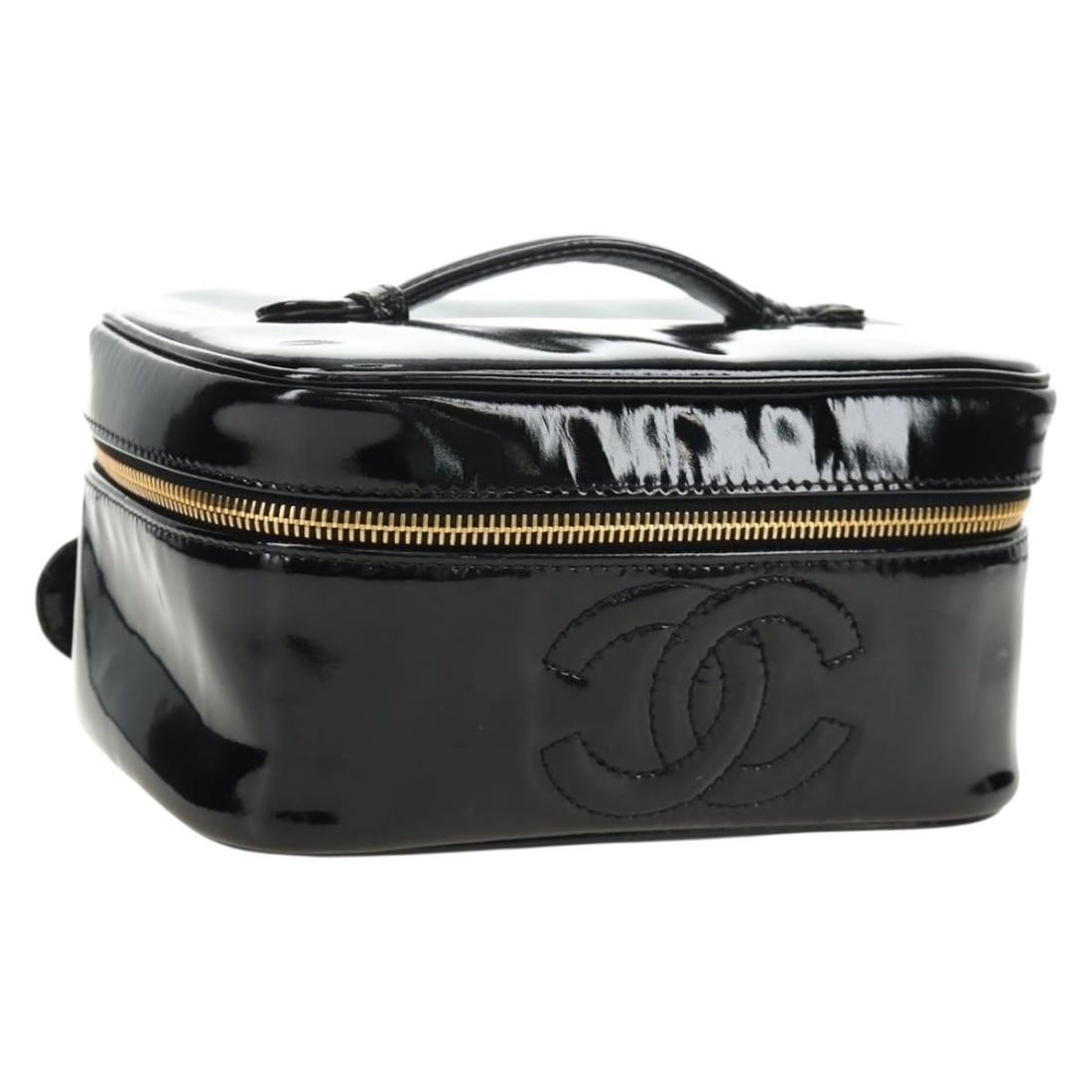 CHANEL patent leather vanity pouch black goldtone with guarantee card: CHANEL patent leather vanity pouch black goldtone with guarantee card CHANEL vanity pouch in black and gold patent leather, made in Italy. The bag is a women's pouch style and comes with a guarantee c