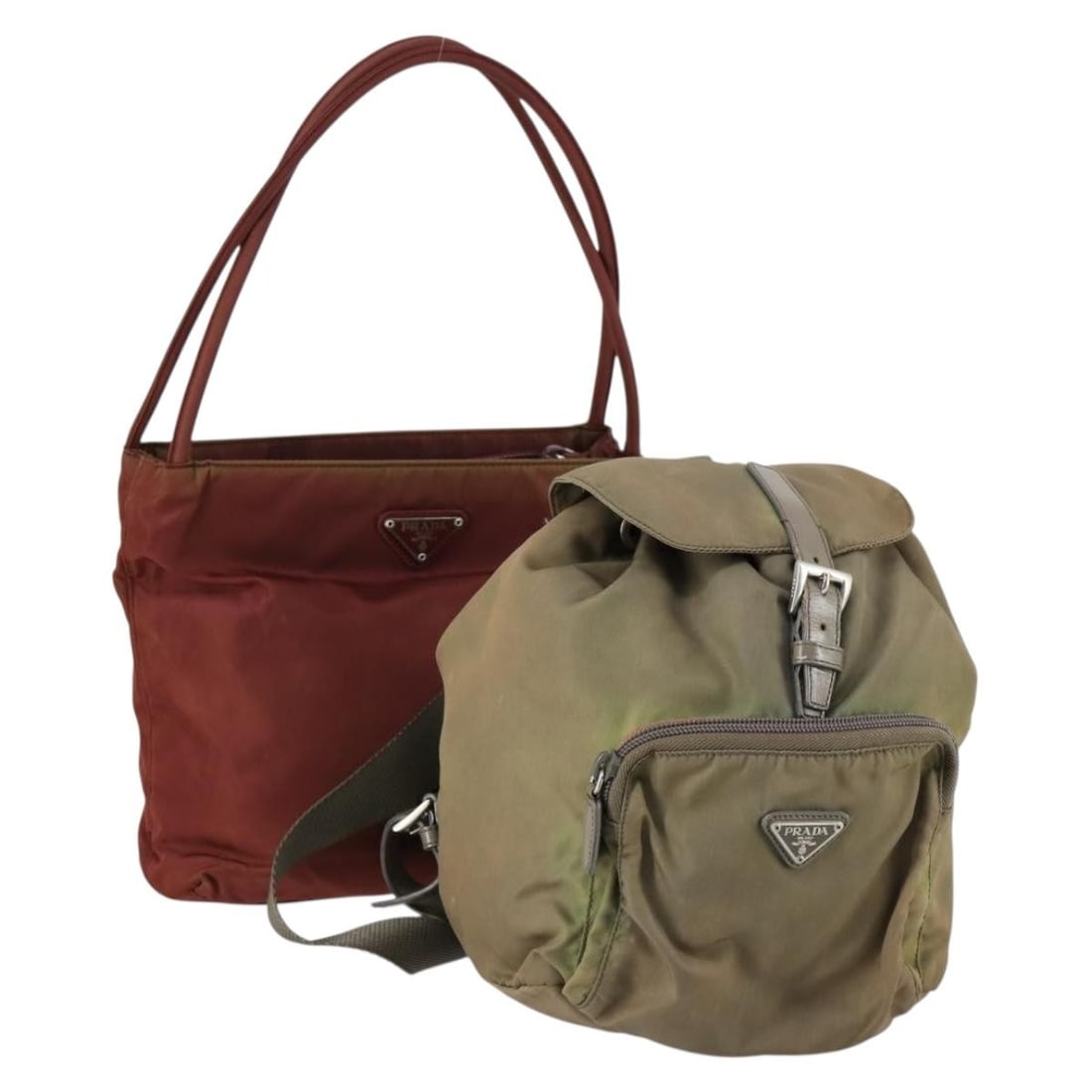 PRADA Nylon Hand Bag Set Red Khaki Authentic Italy: PRADA Nylon Hand Bag Set Red Khaki Authentic Italy This PRADA Hand Bag set features a striking combination of red and khaki nylon, crafted in Italy. Known for its luxurious design and quality, this ha