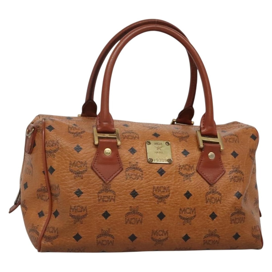 MCM Logogram Vicetos Brown Gold PVC Leather Boston Bag BA4039: MCM Logogram Vicetos Brown Gold PVC Leather Boston Bag BA4039 This MCM Logogram Vicetos Boston Bag is crafted from durable PVC leather in a stylish brown and gold color scheme. With a height of approx