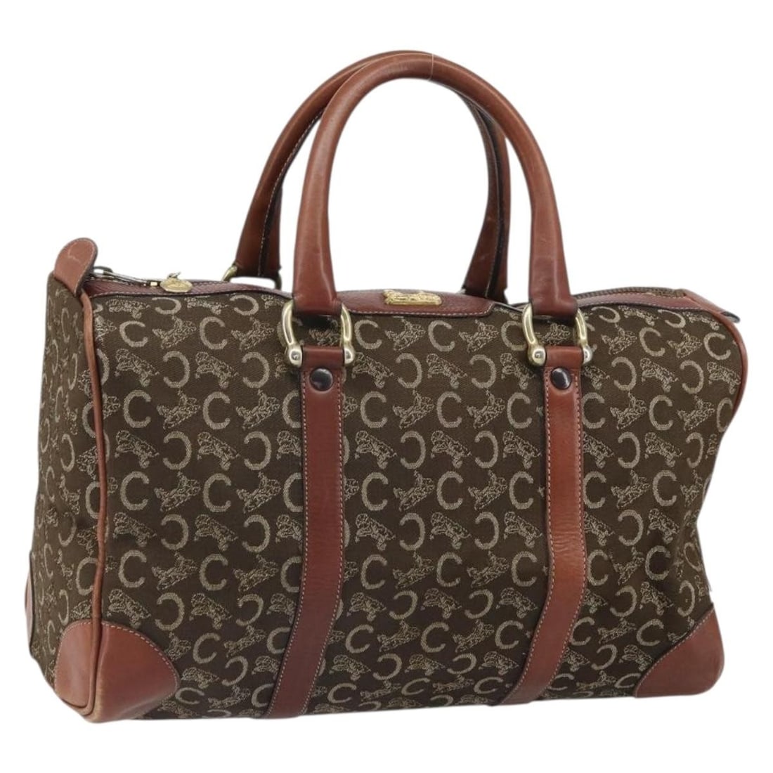 CELINE Macadam Canvas Horse Carriage Brown Gold Women's Handbag: CELINE Macadam Canvas Horse Carriage Brown Gold Women's Handbag This CELINE C Macadam Canvas Horse Carriage hand bag features a brown and gold color scheme with the iconic Macadam pattern. Designed fo