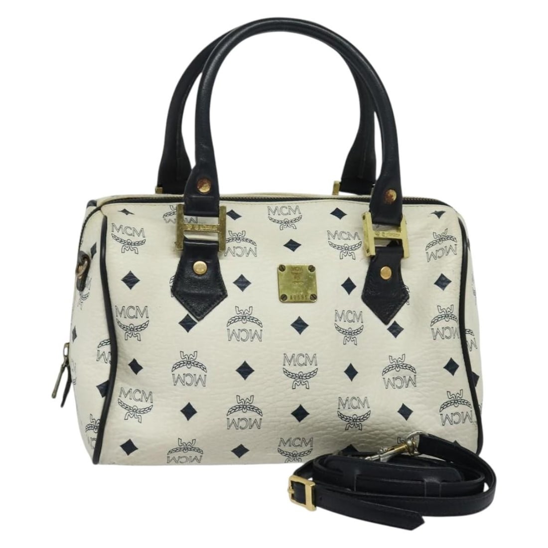 MCM Logogram Vicetos White Gold PVC Leather Hand Bag Auth BA3660: MCM Logogram Vicetos White Gold PVC Leather Hand Bag Auth BA3660 Elevate your style with this authentic MCM Logogram Vicetos Hand Bag, crafted from durable PVC leather in a chic white and gold colorwa