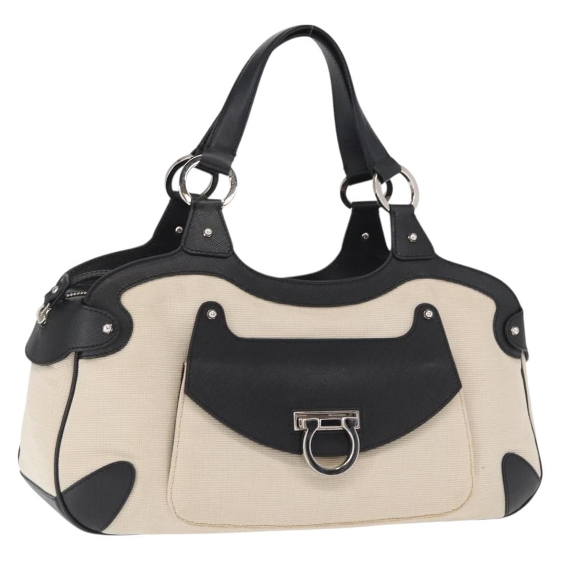 Ivory Canvas Gancini Handbag by Salvatore Ferragamo Silver Accents Italy: Ivory Canvas Gancini Handbag by Salvatore Ferragamo Silver Accents Italy This Salvatore Ferragamo Gancini handbag features an ivory and silver canvas exterior. The bag is made in Italy and offers a st
