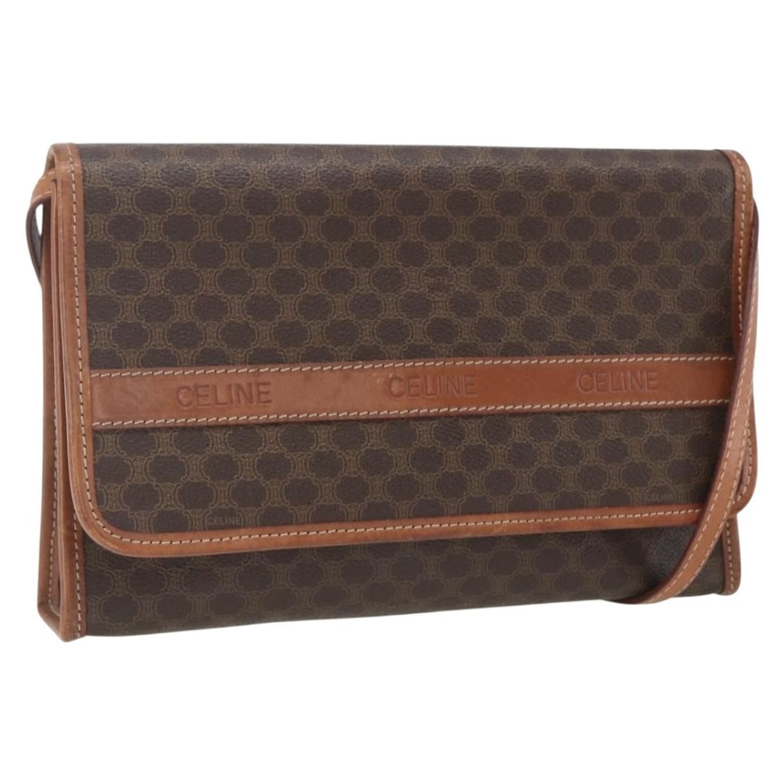 Celine Macadam Shoulder Bag Brown PVC Leather Gold Tone: Celine Macadam Shoulder Bag Brown PVC Leather Gold Tone A CELINE shoulder bag in brown and gold, made from PVC leather and Macadam canvas. It features a shoulder strap and was made in Italy. The item 