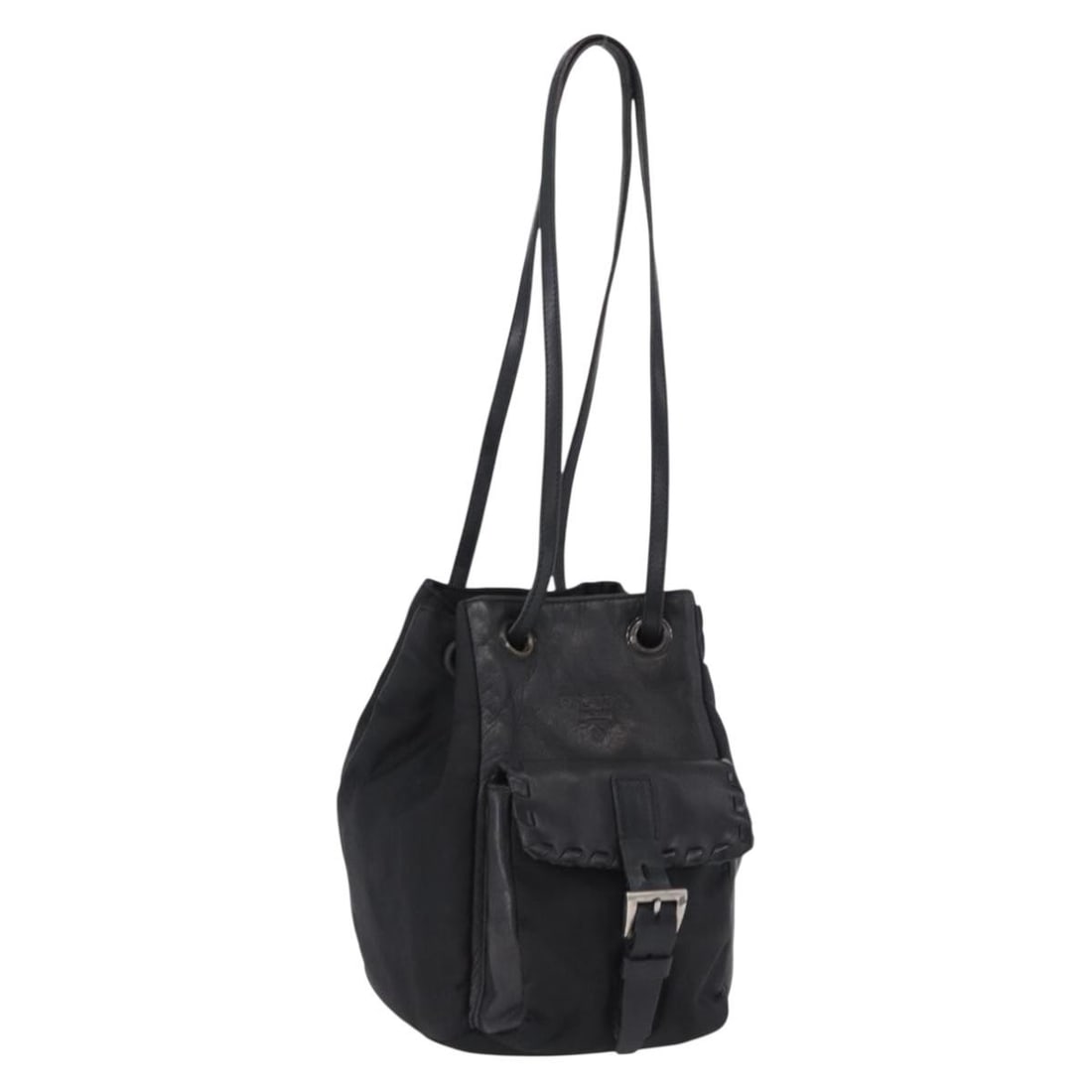 Prada Black Nylon Shoulder Bag with Leather Trim Silver Tone: Prada Black Nylon Shoulder Bag with Leather Trim Silver Tone PRADA shoulder bag in black and silver nylon with leather details. Made in Italy, this bag measures approximately 15 cm W x 21 cm H x 12 cm